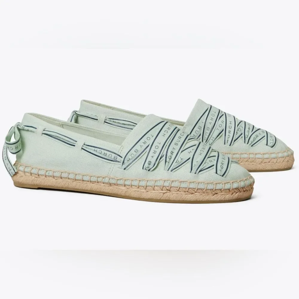 TORY BURCH TB Tory ribbon espadrille flats slip on shoes women’s 8.5 Preowned